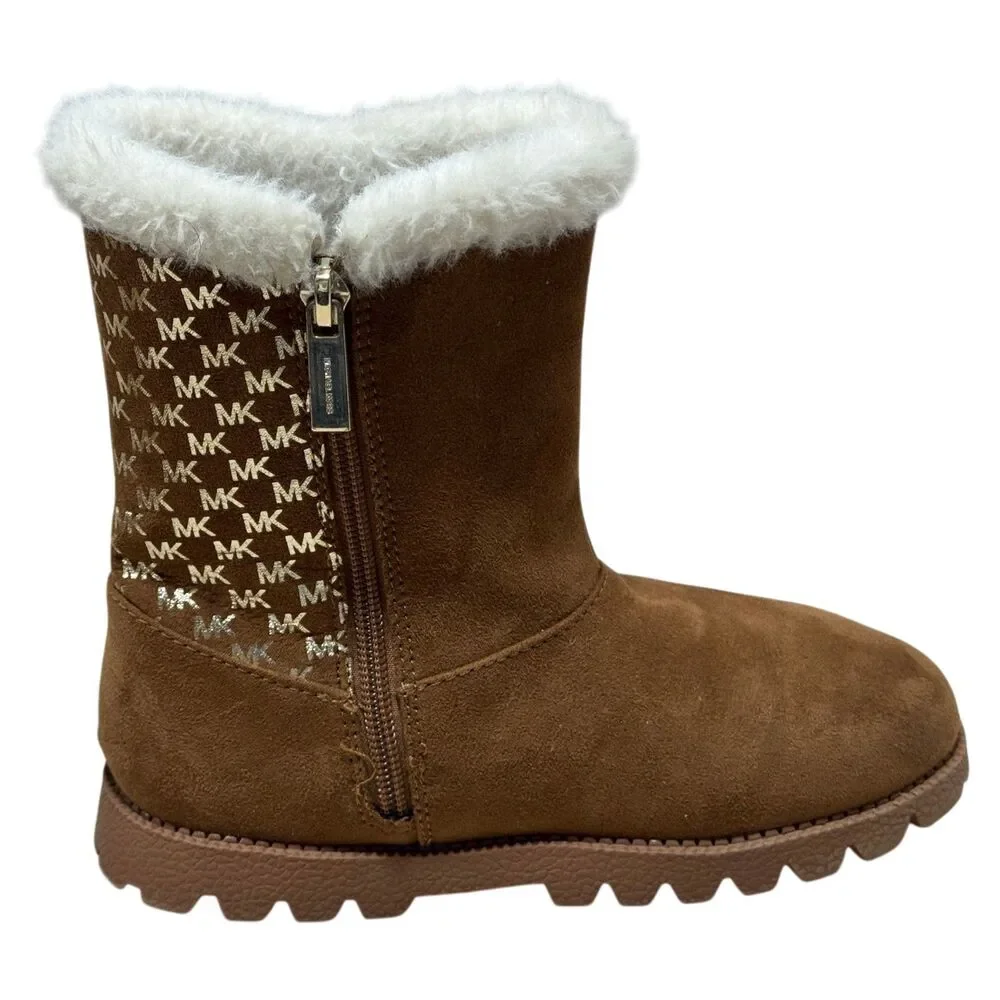 Michael Kors MK Girls Faux Fur Boots Brown Logo Winter Boot Size 1